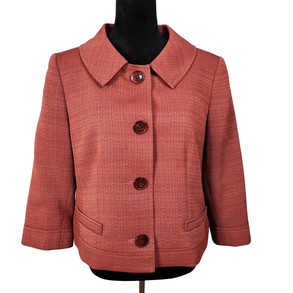 LE SUIT Size 14P Rust Red Tweed Lady Jacket Peter Pan Collar Cropped Blazer EUC